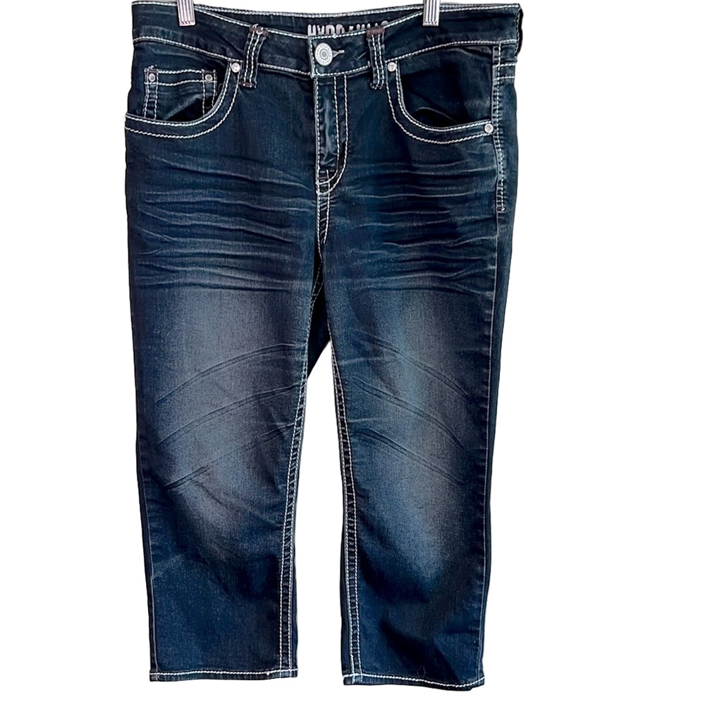 56 Hydraulic Ladies Denim Dark Wash Stitch Crop Pocket Design Blue Jeans Capri